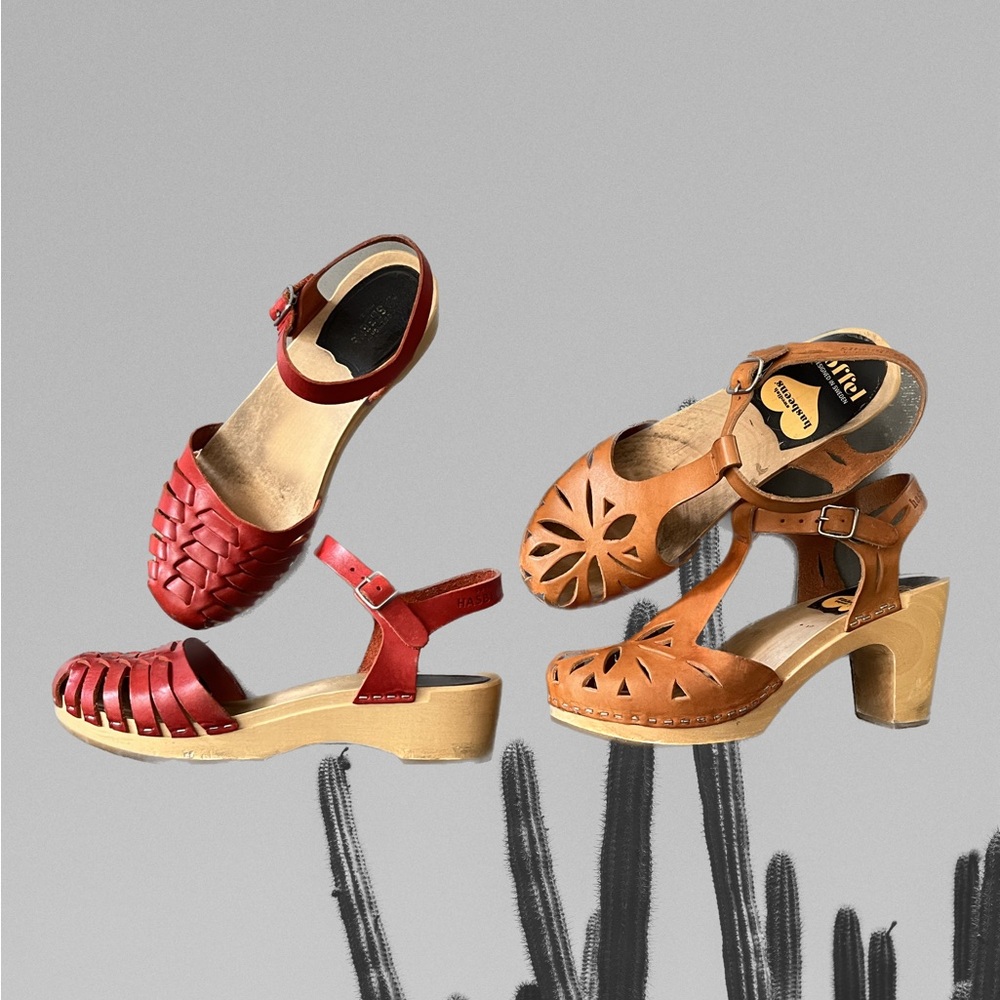 Swedish Hasbeens wooden clog sandals.